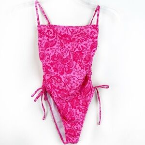 Pink Floral One Piece Swimsuit XS Paisley Feminine Side Ties Cheeky Kidcore
